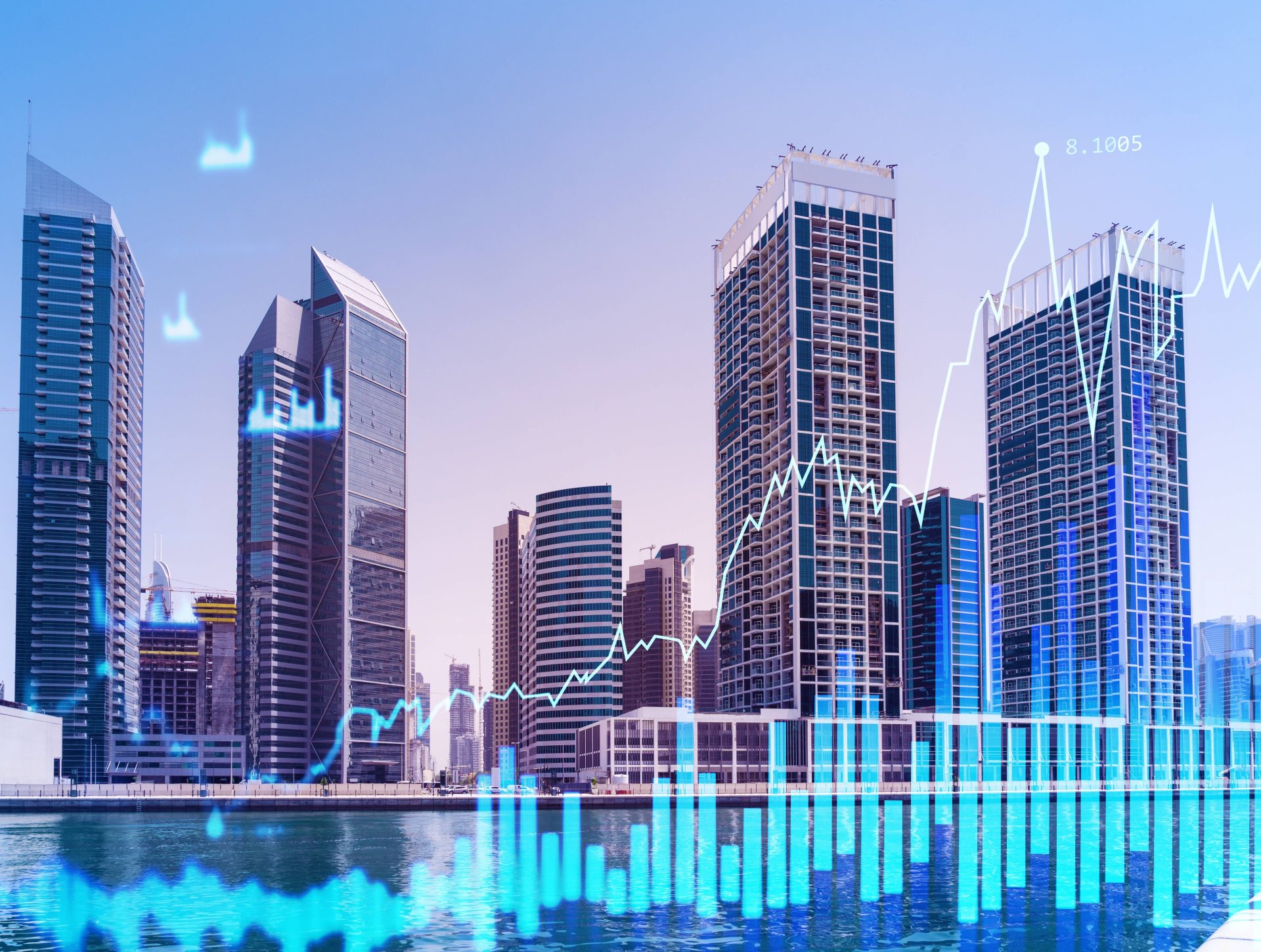 Dubai skyline with stock market signs.
