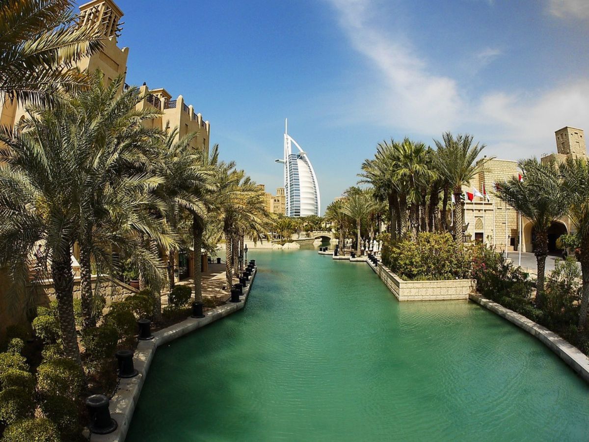 View of Dubai with palm trees and a canal.