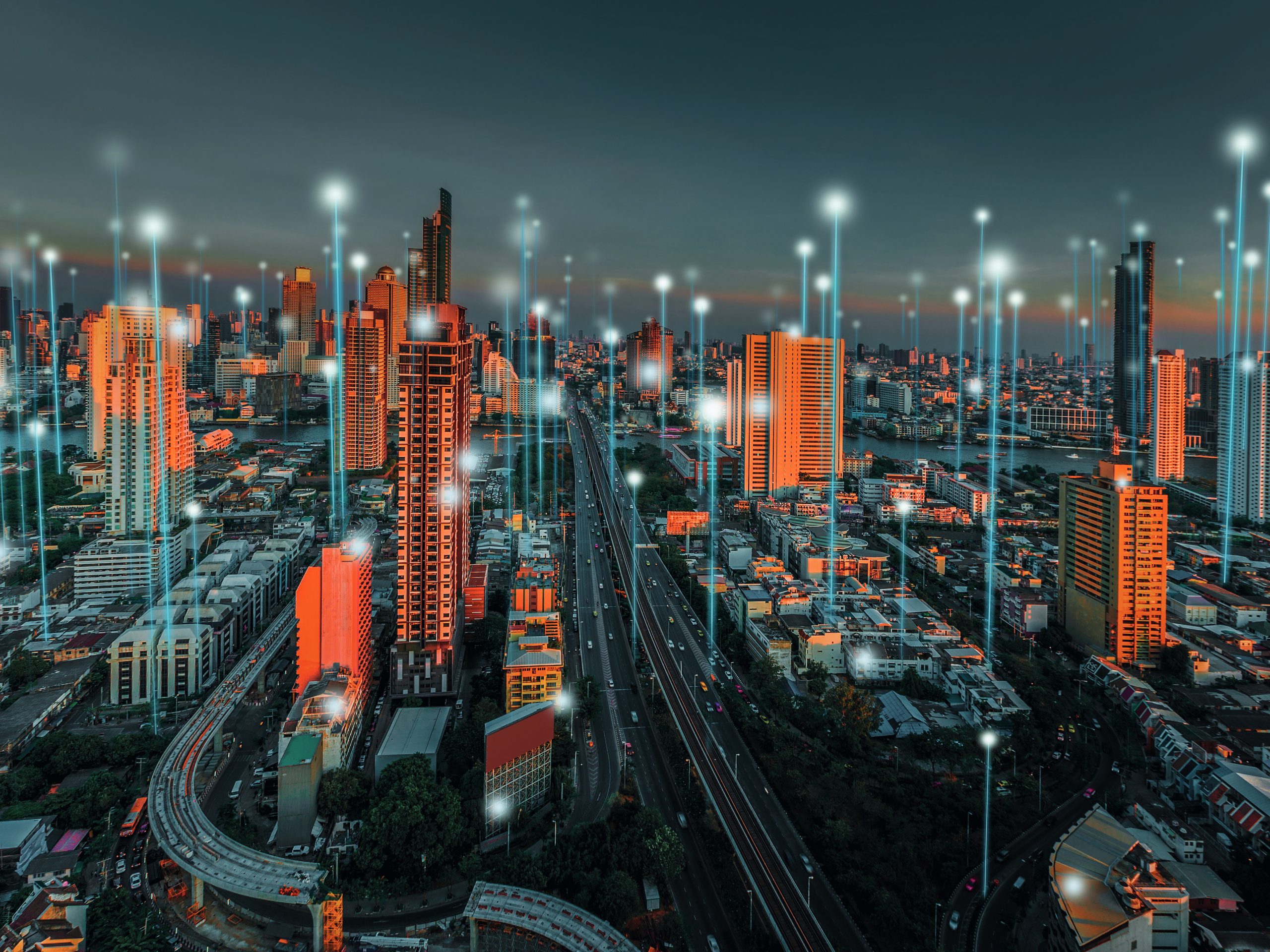 Smart city and dot point connect Modern Telecom System ,Boundless connection technology concept.