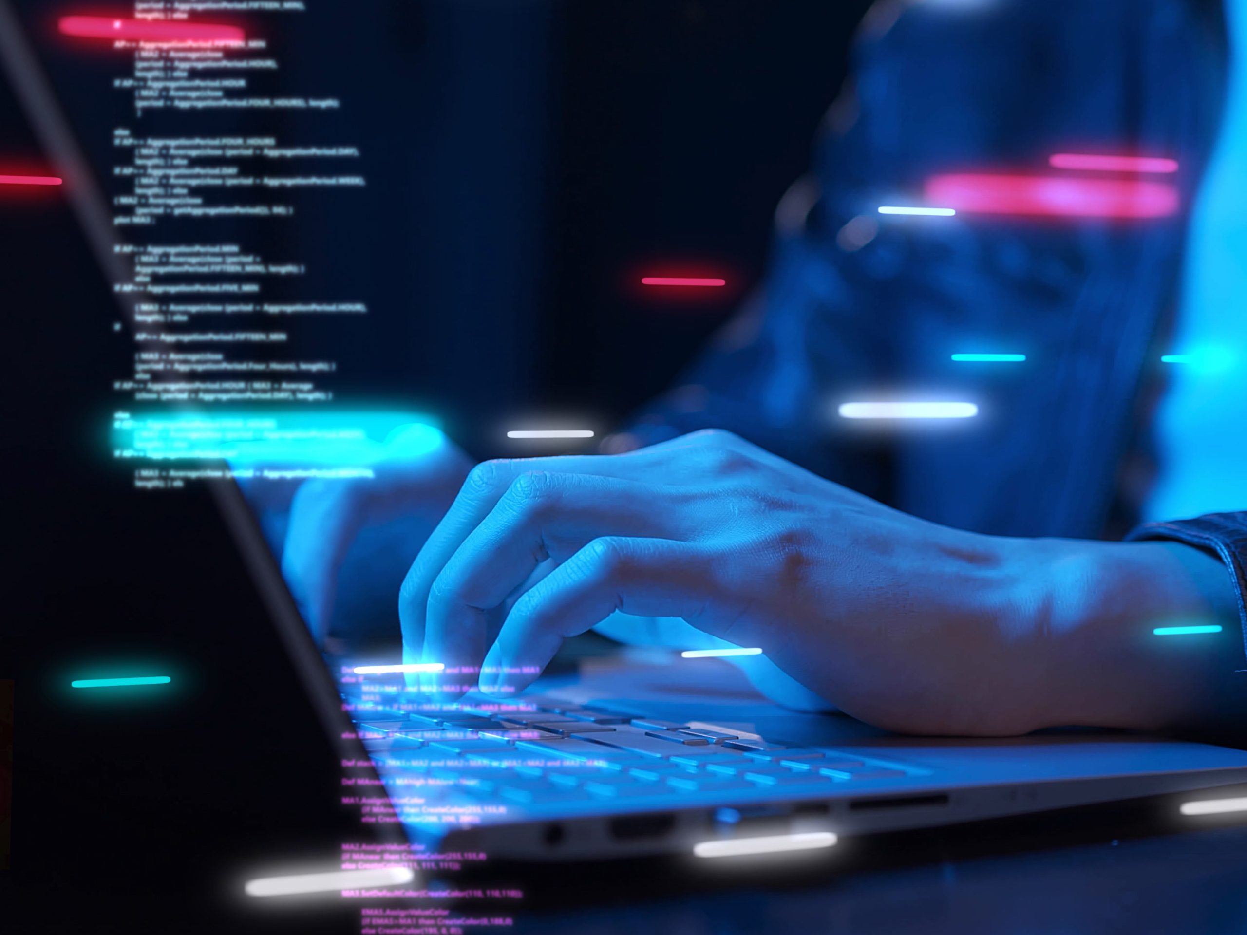 Business man computer hand close up futuristic cyber space finance AI chatbot artificial coding coding background business data analytics programming online network metaverse digital world technology