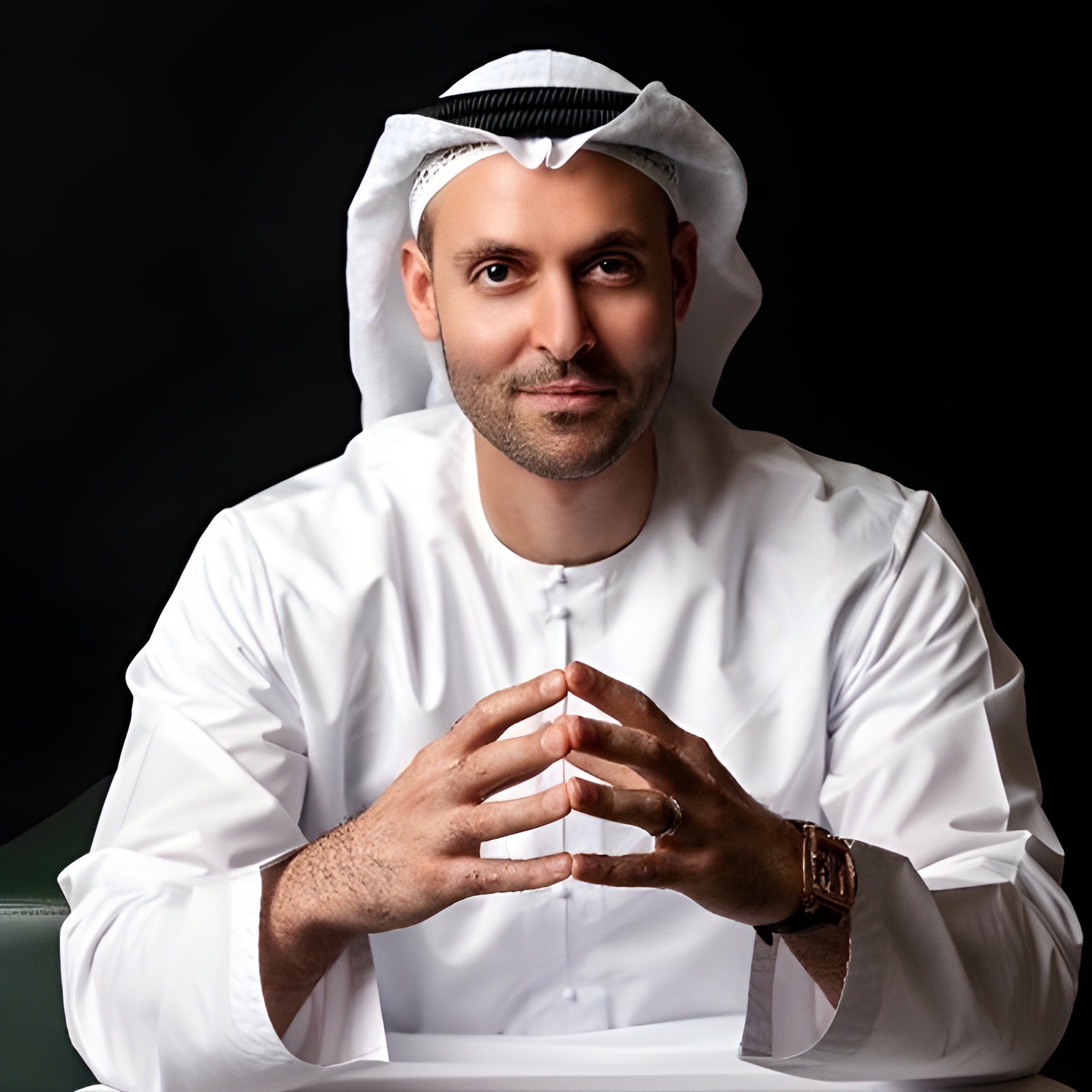 A man wearing a traditional white kandura and a white ghutra with a black agal, sitting with his hands clasped together in front of him. He has a neatly trimmed beard and is smiling slightly, set against a dark background. He is also wearing a watch on his left wrist.