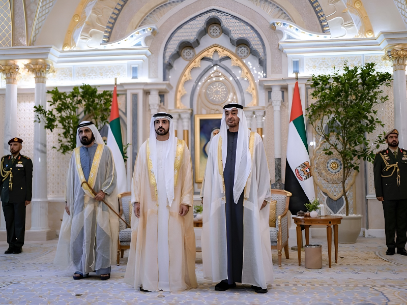 Right to Left: UAE President Sheikh Mohamed bin Zayed Al Nahyan, Sheikh Hamdan bin Mohammed Al Maktoum, and Sheikh Mohammed bin Rashid Al Maktoum