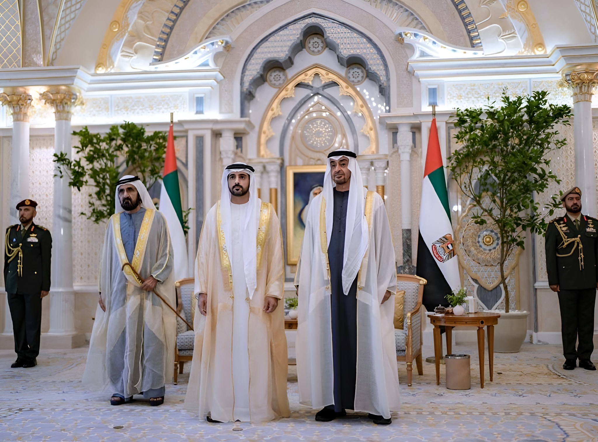 Right to Left: UAE President Sheikh Mohamed bin Zayed Al Nahyan, Sheikh Hamdan bin Mohammed Al Maktoum, and Sheikh Mohammed bin Rashid Al Maktoum