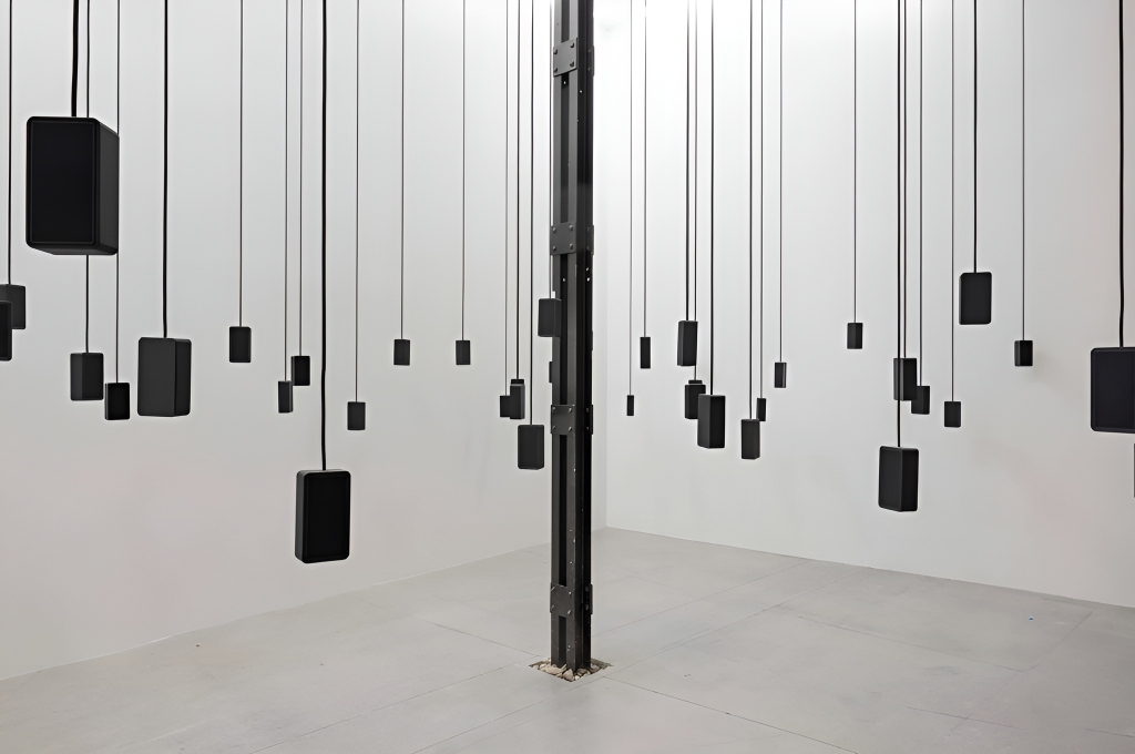 The UAE pavilion’s group exhibition titled Washwasha (“whispering,” in Arabic), conjures the evolving sonic cultural landscapes of the Gulf nation, from its land to its sea. Ismail Noor
