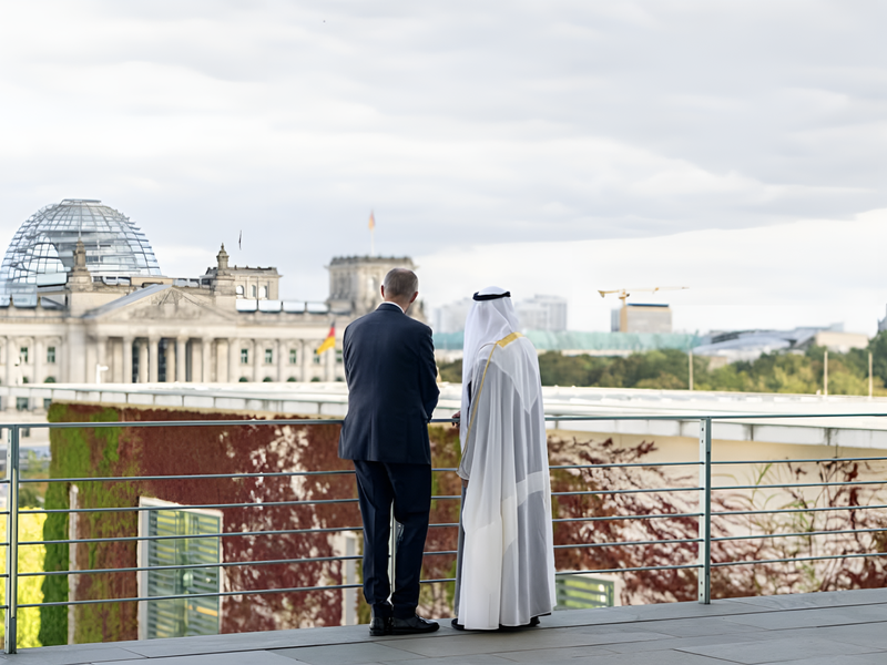 Left to Right: Chancellor Merz and HRH Sheikh Mohamed Overlook the Bundestag, Berlin